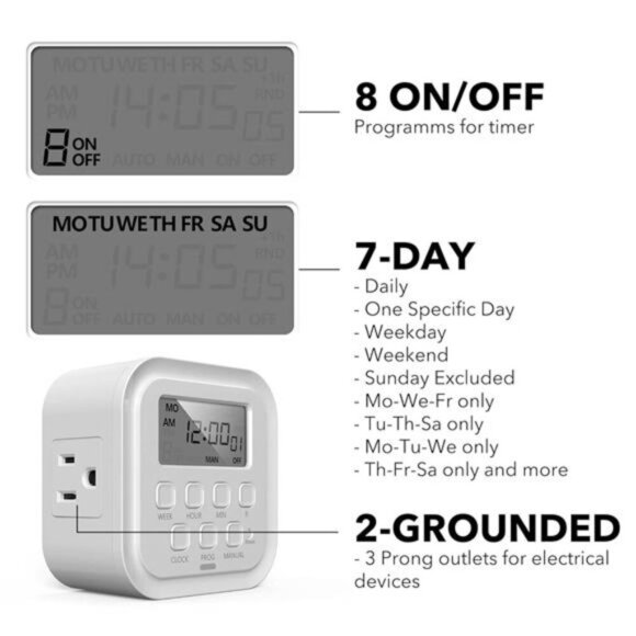 Heavy Duty Digital Timer, Dual Outlet,On/Off Programs 3-Prong Programmable Timer - Picture 5 of 7